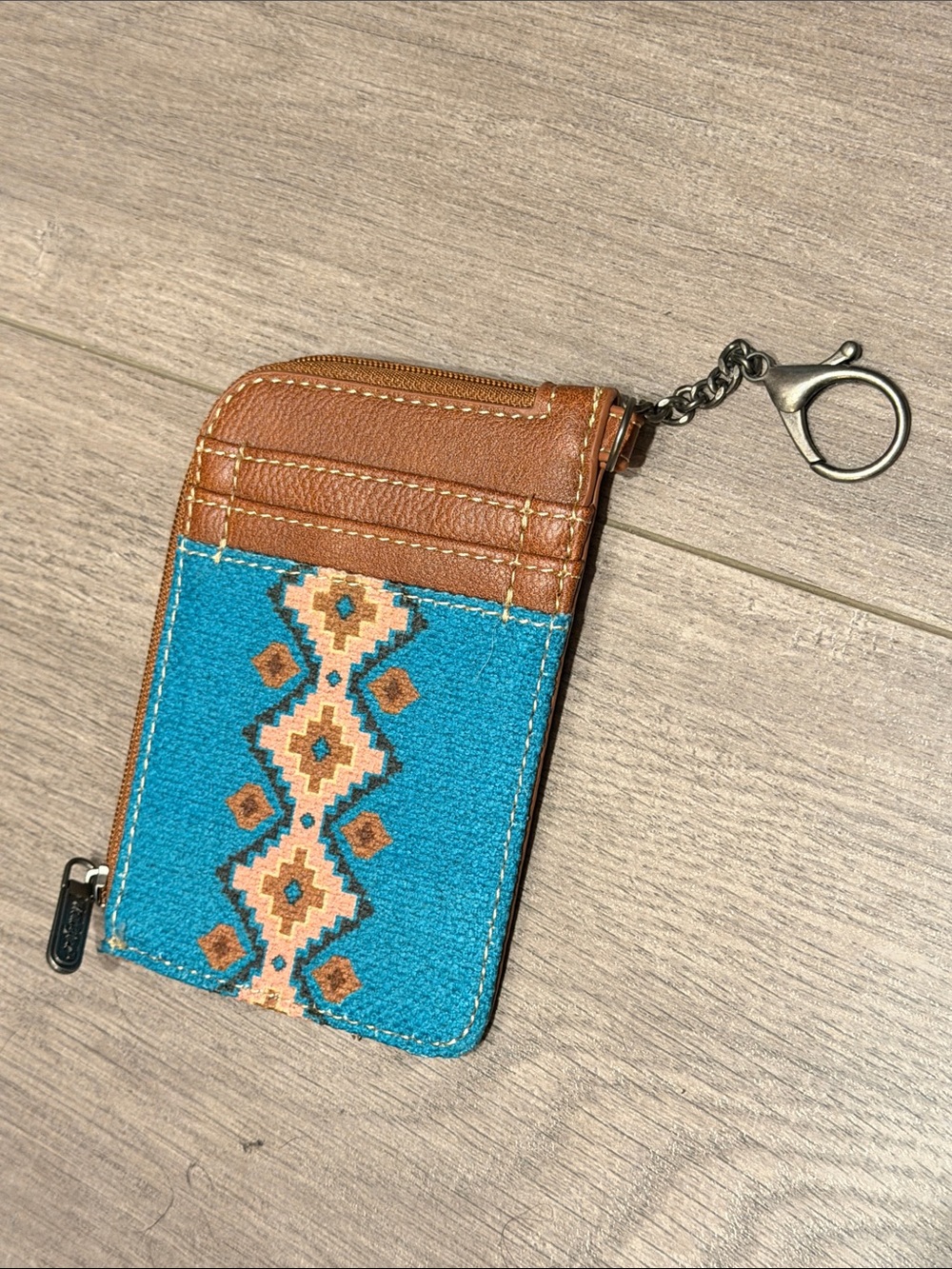 Turquoise Southwestern Pattern Card Wallet with Brown Leather Trim